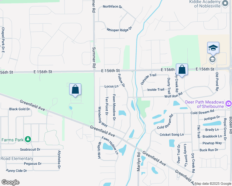 map of restaurants, bars, coffee shops, grocery stores, and more near 15472 Fawn Meadow Drive in Noblesville