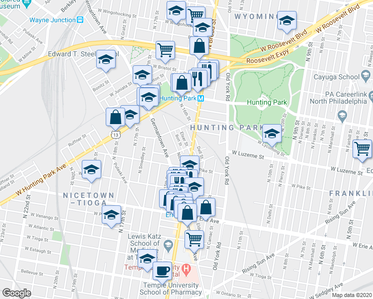 map of restaurants, bars, coffee shops, grocery stores, and more near 3924 Elser Street in Philadelphia