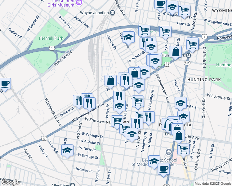 map of restaurants, bars, coffee shops, grocery stores, and more near 1945 West Hunting Park Avenue in Philadelphia