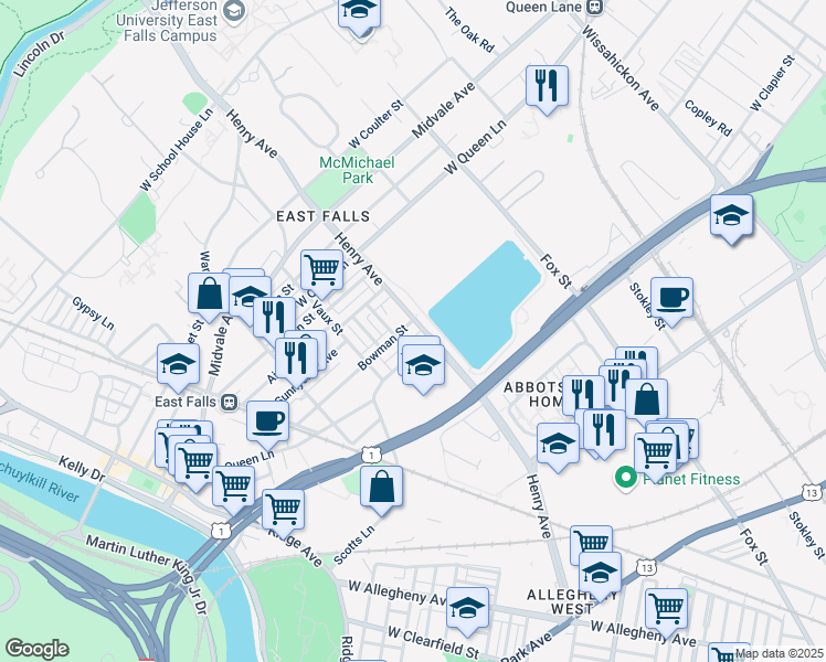 map of restaurants, bars, coffee shops, grocery stores, and more near in Philadelphia