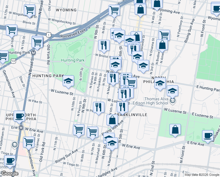 map of restaurants, bars, coffee shops, grocery stores, and more near 4105 North Marshall Street in Philadelphia