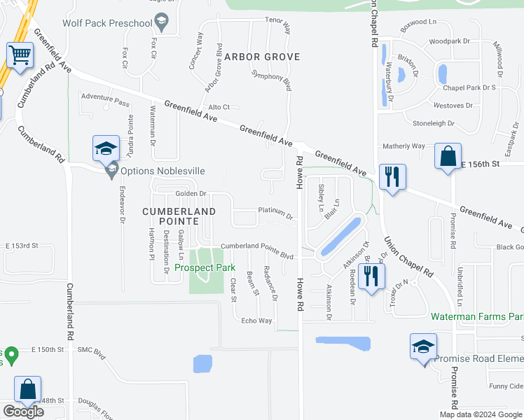 map of restaurants, bars, coffee shops, grocery stores, and more near 10430 Platinum Drive in Noblesville