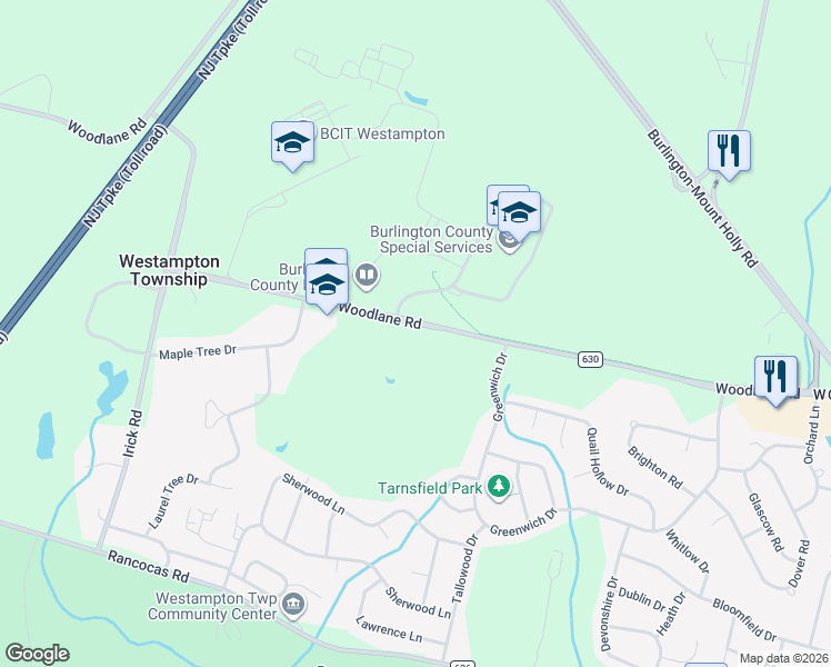 map of restaurants, bars, coffee shops, grocery stores, and more near 724 Woodlane Road in Westampton