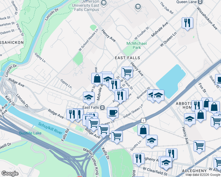 map of restaurants, bars, coffee shops, grocery stores, and more near 3450 West Penn Street in Philadelphia