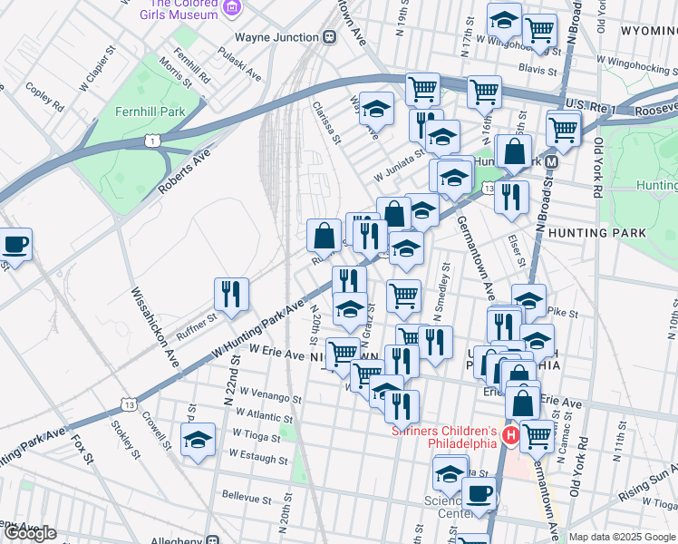map of restaurants, bars, coffee shops, grocery stores, and more near 3923 Priscilla Street in Philadelphia