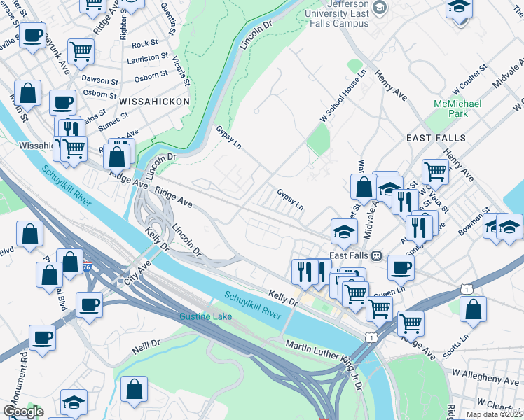 map of restaurants, bars, coffee shops, grocery stores, and more near 3580 Cresson Street in Philadelphia