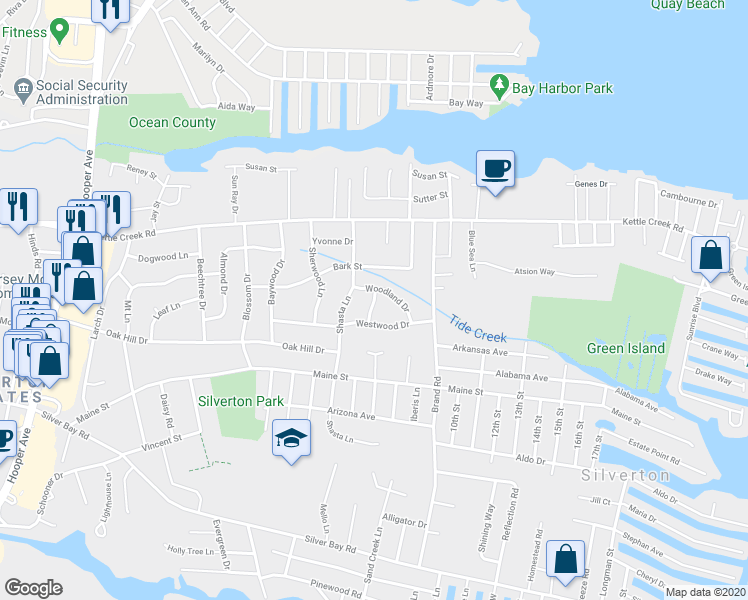 map of restaurants, bars, coffee shops, grocery stores, and more near 303 Lynwood Place in Toms River