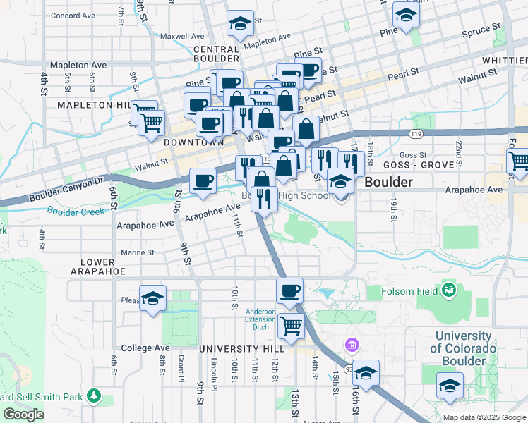 map of restaurants, bars, coffee shops, grocery stores, and more near 1230 Arapahoe Avenue in Boulder
