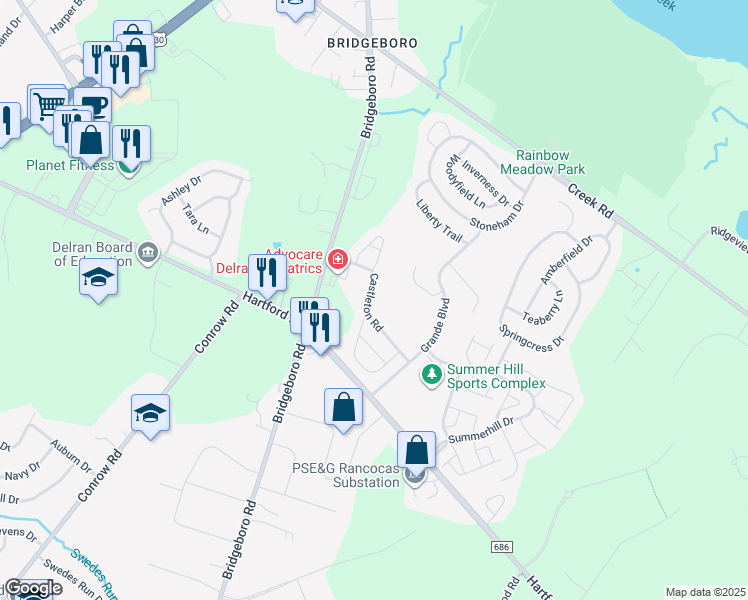 map of restaurants, bars, coffee shops, grocery stores, and more near 152 Castleton Road in Riverside