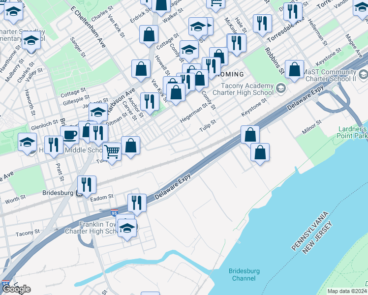 map of restaurants, bars, coffee shops, grocery stores, and more near 4914 Van Kirk Street in Philadelphia