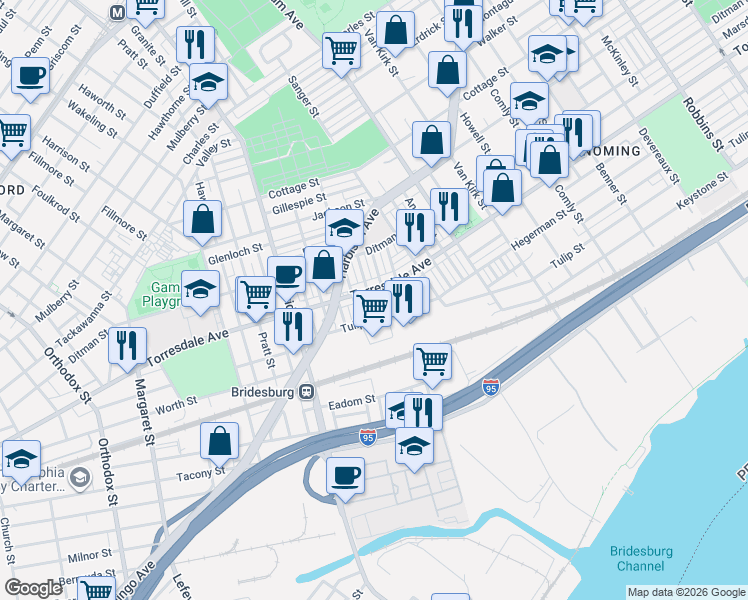 map of restaurants, bars, coffee shops, grocery stores, and more near 5272 Torresdale Avenue in Philadelphia