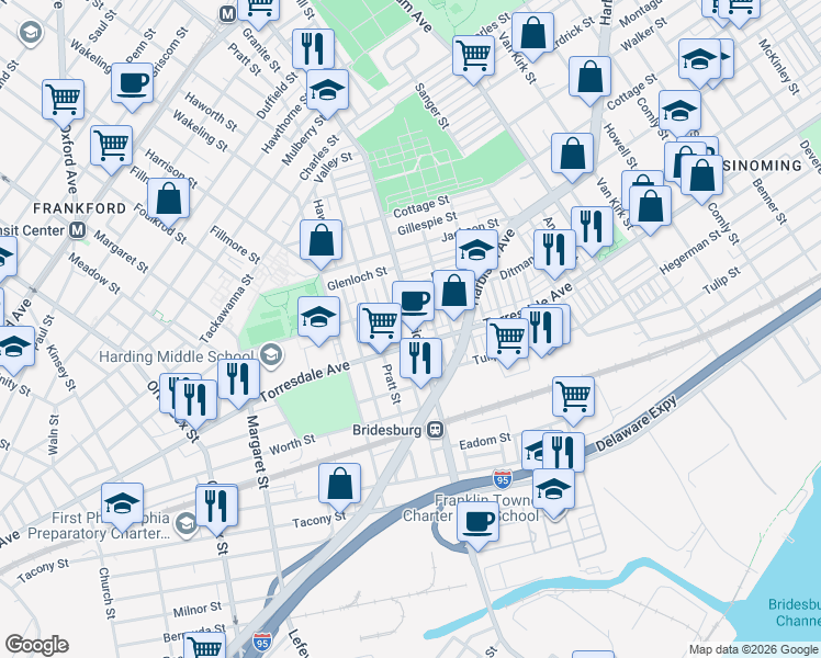 map of restaurants, bars, coffee shops, grocery stores, and more near 2065 Bridge Street in Philadelphia