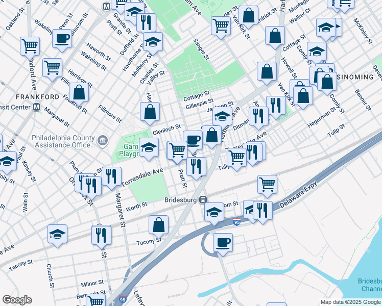 map of restaurants, bars, coffee shops, grocery stores, and more near 2088 Bridge Street in Philadelphia