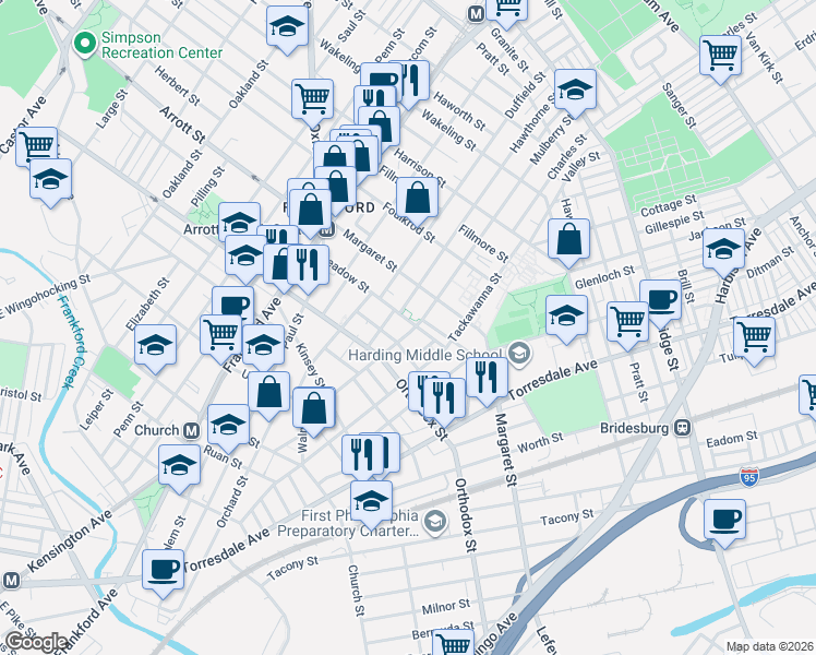 map of restaurants, bars, coffee shops, grocery stores, and more near 1732 Meadow Street in Philadelphia