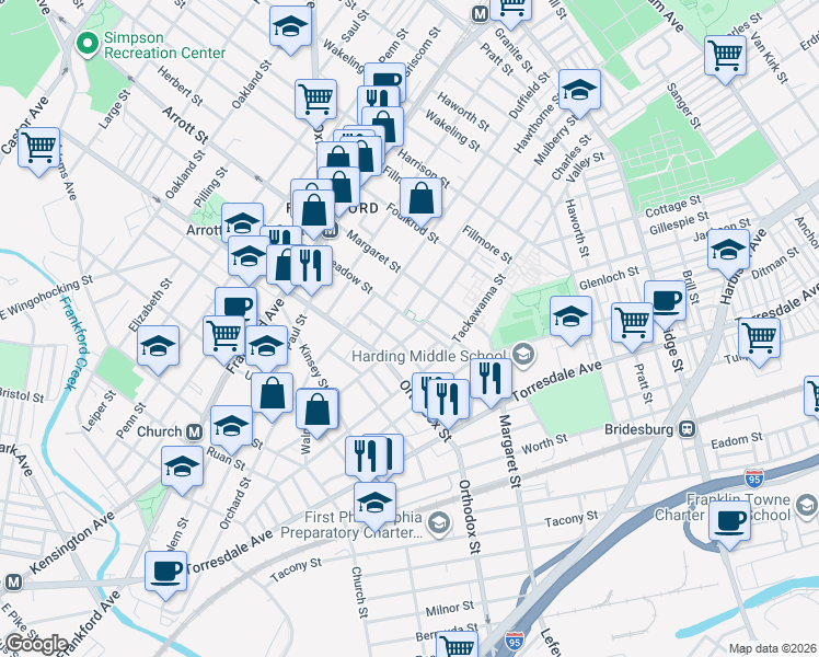map of restaurants, bars, coffee shops, grocery stores, and more near 1732 Meadow Street in Philadelphia