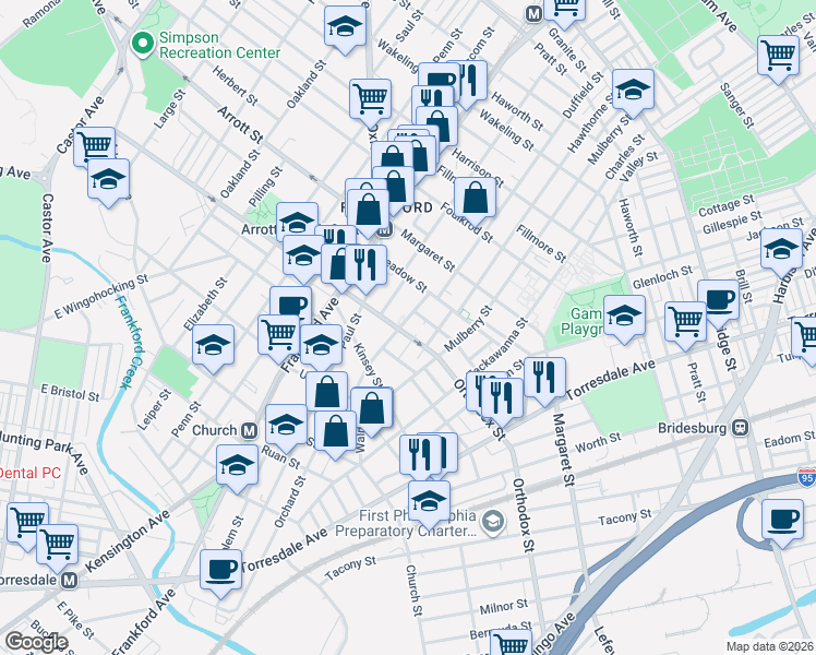 map of restaurants, bars, coffee shops, grocery stores, and more near 1702 Plum Street in Philadelphia