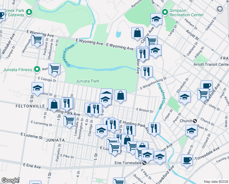 map of restaurants, bars, coffee shops, grocery stores, and more near 1334-36 East Cayuga Street in Philadelphia