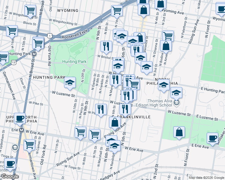 map of restaurants, bars, coffee shops, grocery stores, and more near 4105 North Marshall Street in Philadelphia