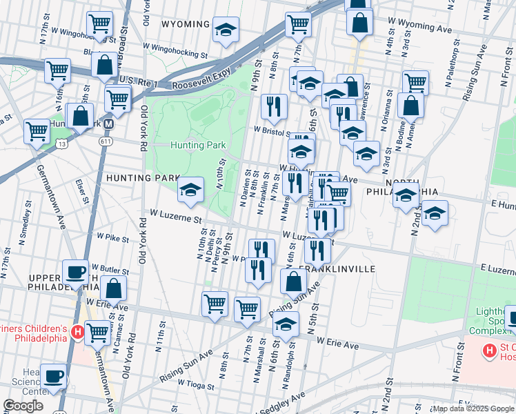 map of restaurants, bars, coffee shops, grocery stores, and more near 4044 North Franklin Street in Philadelphia