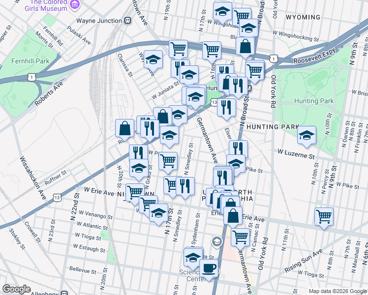map of restaurants, bars, coffee shops, grocery stores, and more near 3952 North Smedley Street in Philadelphia