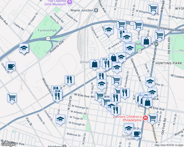 map of restaurants, bars, coffee shops, grocery stores, and more near 3885 Blaine Street in Philadelphia
