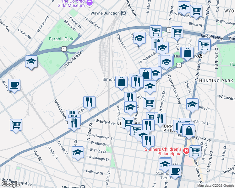 map of restaurants, bars, coffee shops, grocery stores, and more near 3885 Blaine Street in Philadelphia