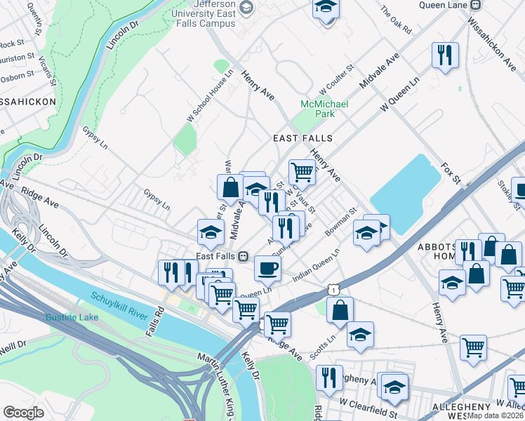 map of restaurants, bars, coffee shops, grocery stores, and more near 3450 West Penn Street in Philadelphia