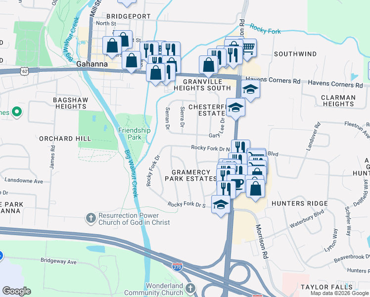 map of restaurants, bars, coffee shops, grocery stores, and more near 276 Rocky Fork Drive North in Columbus