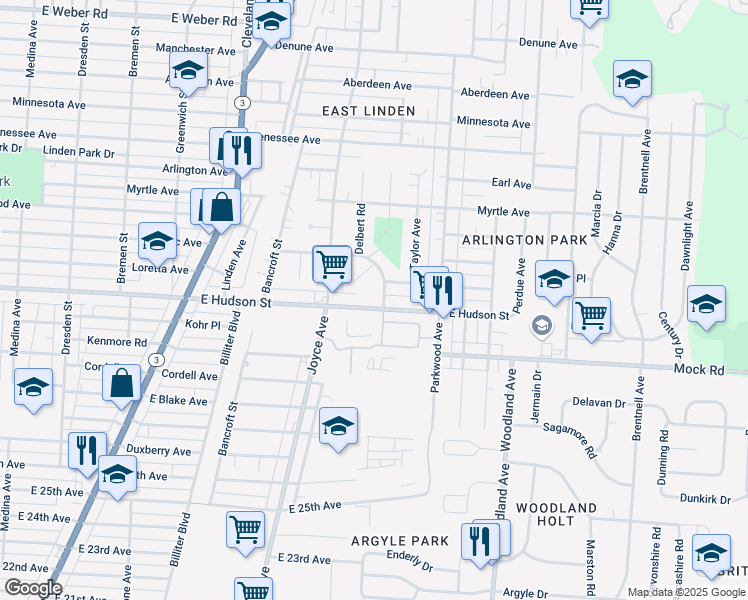map of restaurants, bars, coffee shops, grocery stores, and more near 2261 Delbert Road in Columbus