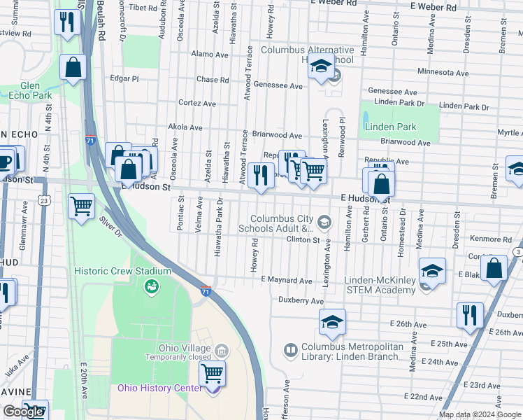 map of restaurants, bars, coffee shops, grocery stores, and more near 2382 Howey Road in Columbus