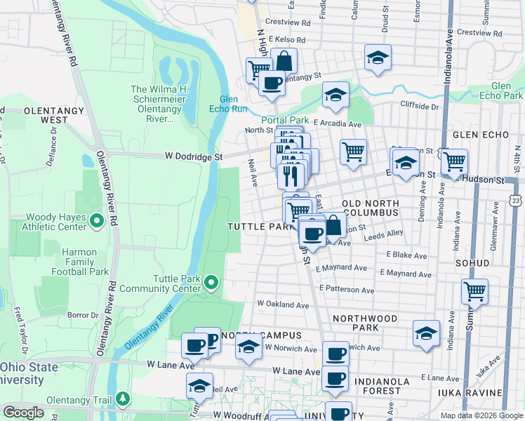 map of restaurants, bars, coffee shops, grocery stores, and more near 59 West Hudson Street in Columbus
