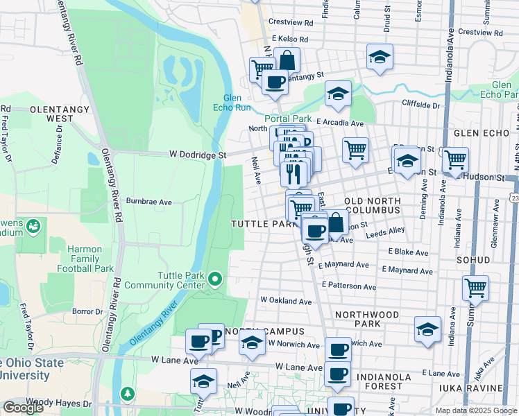 map of restaurants, bars, coffee shops, grocery stores, and more near 59 West Hudson Street in Columbus