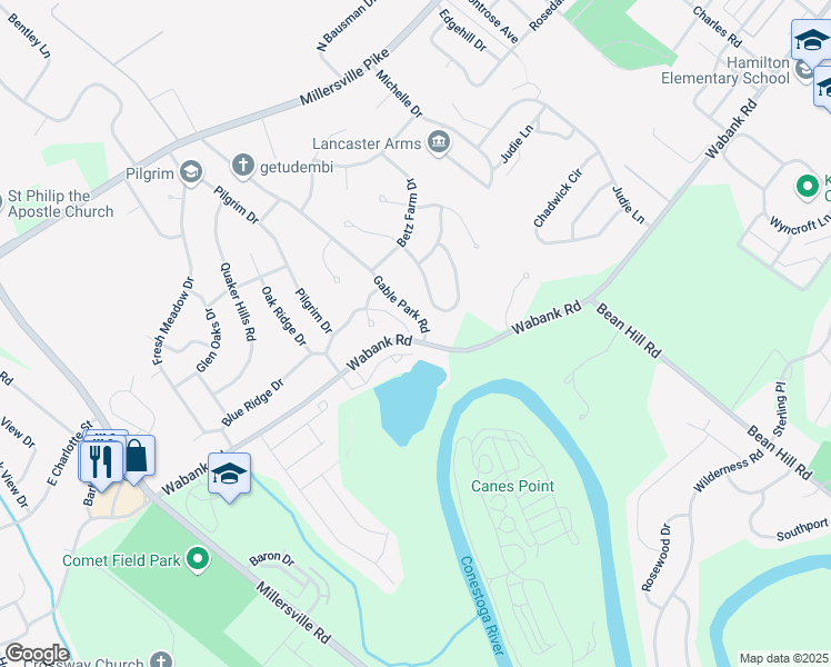 map of restaurants, bars, coffee shops, grocery stores, and more near 7 Park Lane in Lancaster
