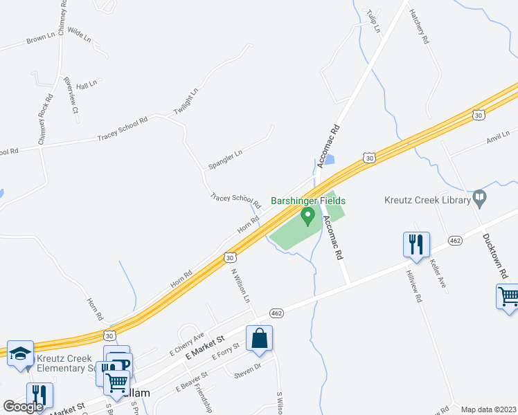 map of restaurants, bars, coffee shops, grocery stores, and more near 5405 Tracey School Road in York