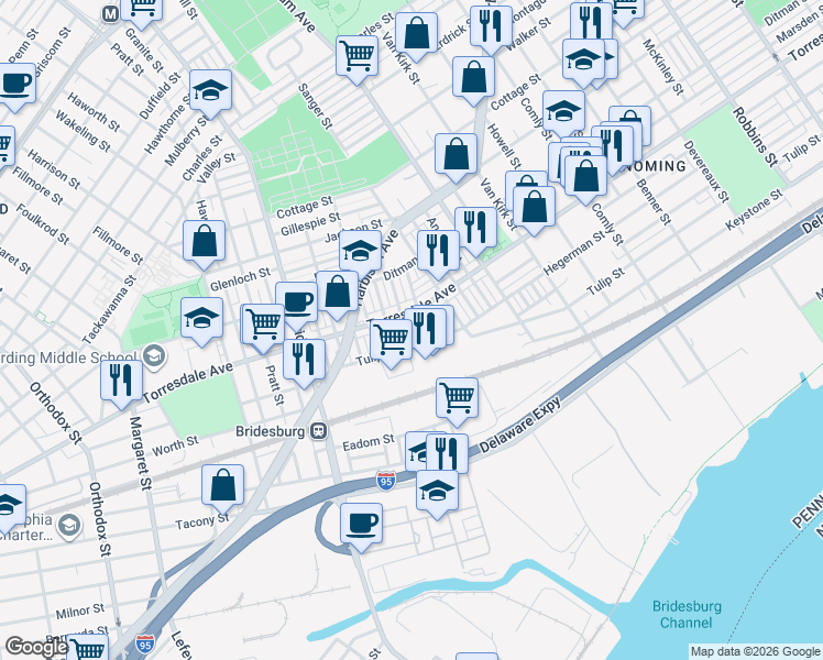 map of restaurants, bars, coffee shops, grocery stores, and more near 5419 Torresdale Avenue in Philadelphia