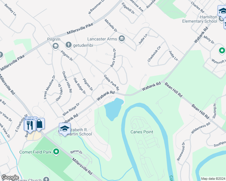 map of restaurants, bars, coffee shops, grocery stores, and more near 16 Park Lane in Lancaster