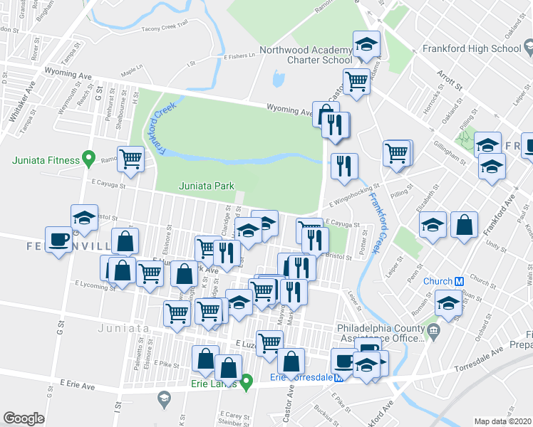 map of restaurants, bars, coffee shops, grocery stores, and more near 1334 East Cayuga Street in Philadelphia