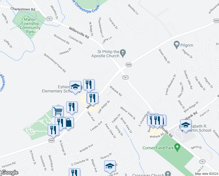 map of restaurants, bars, coffee shops, grocery stores, and more near 354 Manor Avenue in Millersville