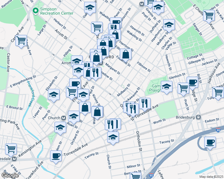 map of restaurants, bars, coffee shops, grocery stores, and more near 4615 Worrell Court in Philadelphia