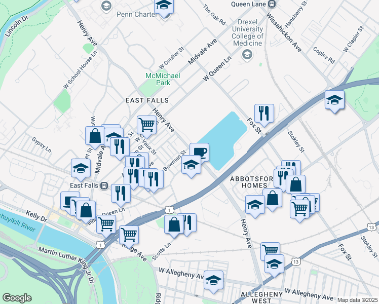 map of restaurants, bars, coffee shops, grocery stores, and more near 3300 Bowman Street in Philadelphia