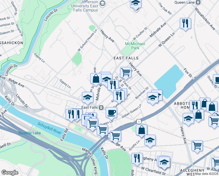map of restaurants, bars, coffee shops, grocery stores, and more near 3450 West Penn Street in Philadelphia