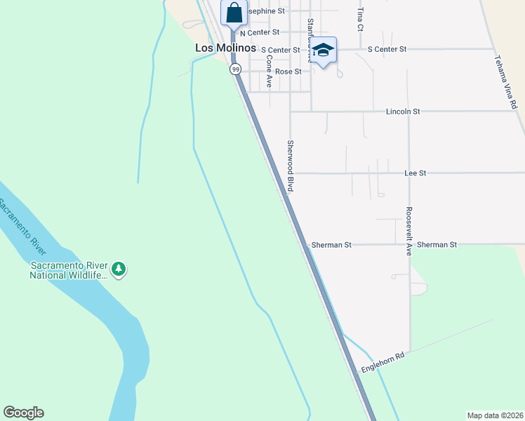 map of restaurants, bars, coffee shops, grocery stores, and more near 7461 State Highway 99 East in Los Molinos