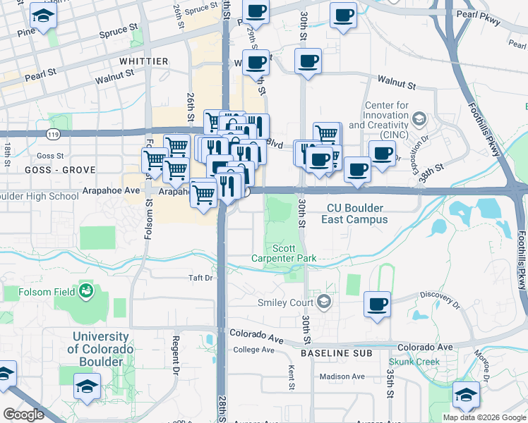 map of restaurants, bars, coffee shops, grocery stores, and more near 2949 Marine Street in Boulder