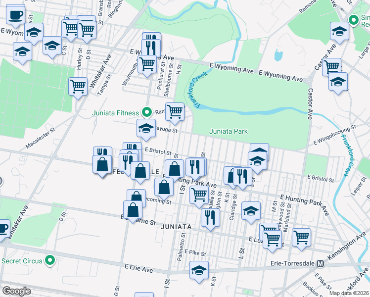 map of restaurants, bars, coffee shops, grocery stores, and more near 4316 I Street in Philadelphia