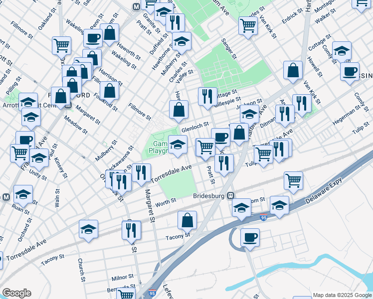 map of restaurants, bars, coffee shops, grocery stores, and more near 5001 Ditman Street in Philadelphia
