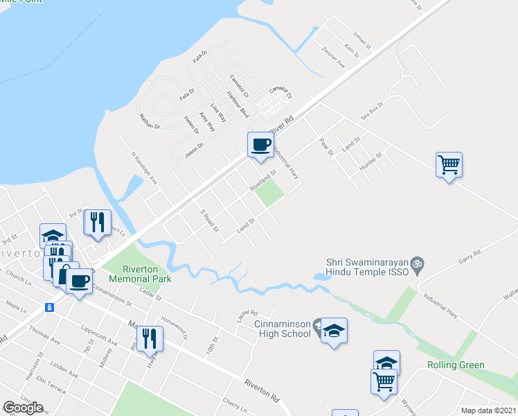 map of restaurants, bars, coffee shops, grocery stores, and more near 719 South Snowden Avenue in Cinnaminson