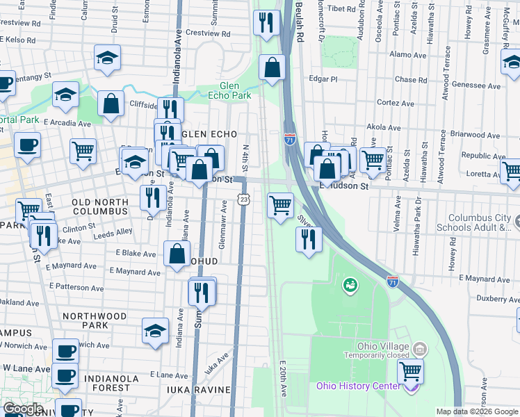 map of restaurants, bars, coffee shops, grocery stores, and more near 527 East Tompkins Street in Columbus