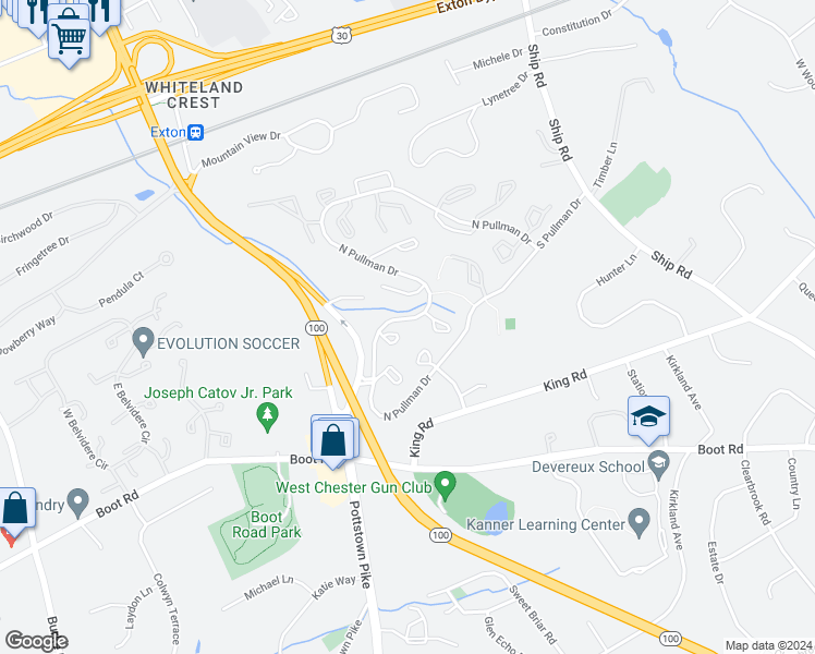 map of restaurants, bars, coffee shops, grocery stores, and more near 193 Stirling Court in West Chester