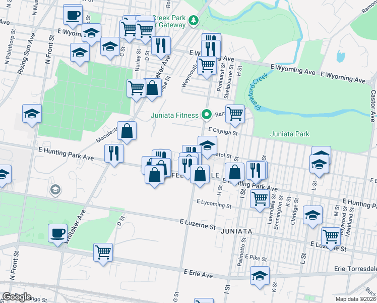 map of restaurants, bars, coffee shops, grocery stores, and more near 4300 G Street in Philadelphia