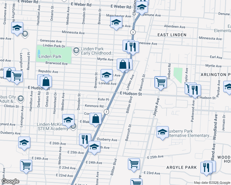 map of restaurants, bars, coffee shops, grocery stores, and more near Cleveland Ave & E Hudson St in Columbus